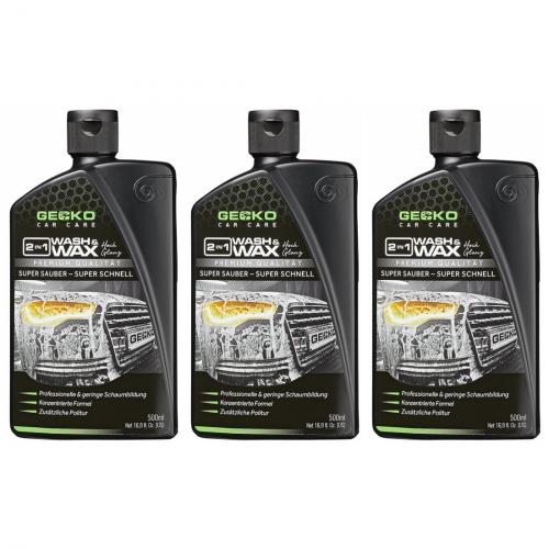3 x Gecko Car Care Shampoo & Glanz 2 in 1 Wash & Wax 500ml