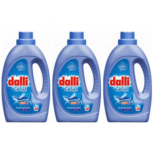 3 x Dalli Sport + Outdoor 20 Waschladungen 1,1 Liter Flasche Spezialwaschmittel