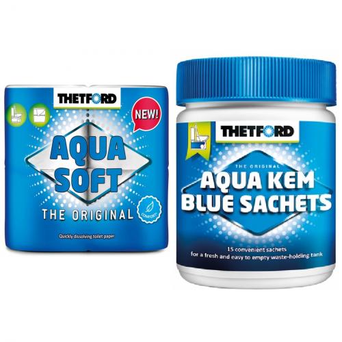 Thetford Aqua Soft Toilettenpapier WC Papier Campingtoilette 4 Rollen Kem Blue Sachets - 15 Stck