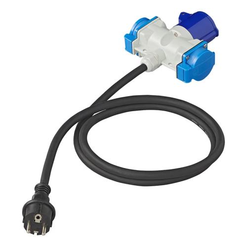 Adapterkabel 150cm 3x2,5mm von Schuko Stecker nach 1xCEE + 2xSchuko Steckdose