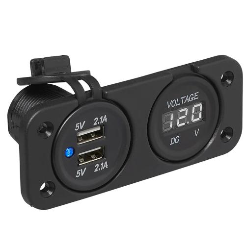 Einbau Kit: Voltmeter 6-30V + USB Doppel-steckdose Typ A 2x2100mA