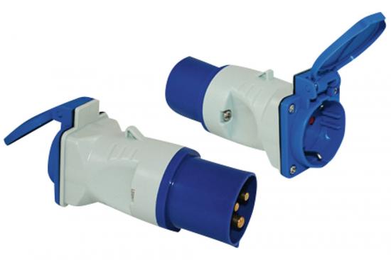 Adapter CEE 17 Stecker / Schukosteckdose mit Klappdeckel, blau/weiß